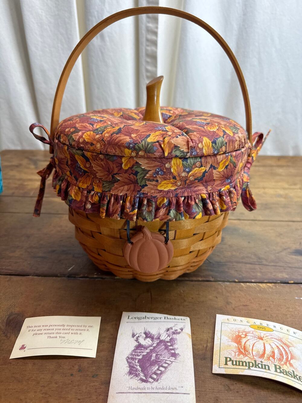 Longaberger 1995 Pumpkin Basket No. 19402 Lid + Plastic Insert + Cloth Liner